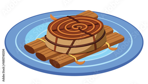 Cartoon compressed puer tea on a blue plate isolated against a white background represents traditional chinese culture and culinary heritage