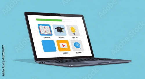 Laptop with educational icons on screen, representing online learning and digital education on a light blue background