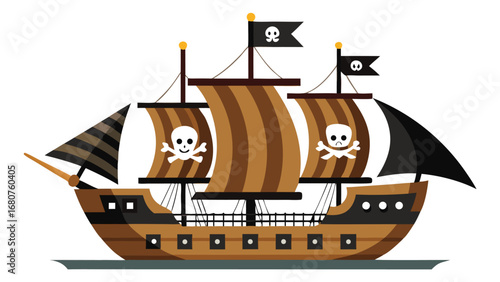 Cute cartoon pirate ship illustration with jolly roger flags and striped sails on a teal water surface