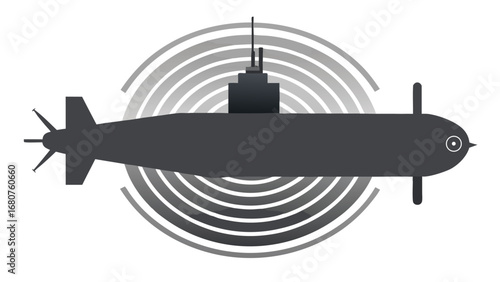Minimalist vector illustration of a submarine with sonar waves underwater nautical theme simple design isolated on white background