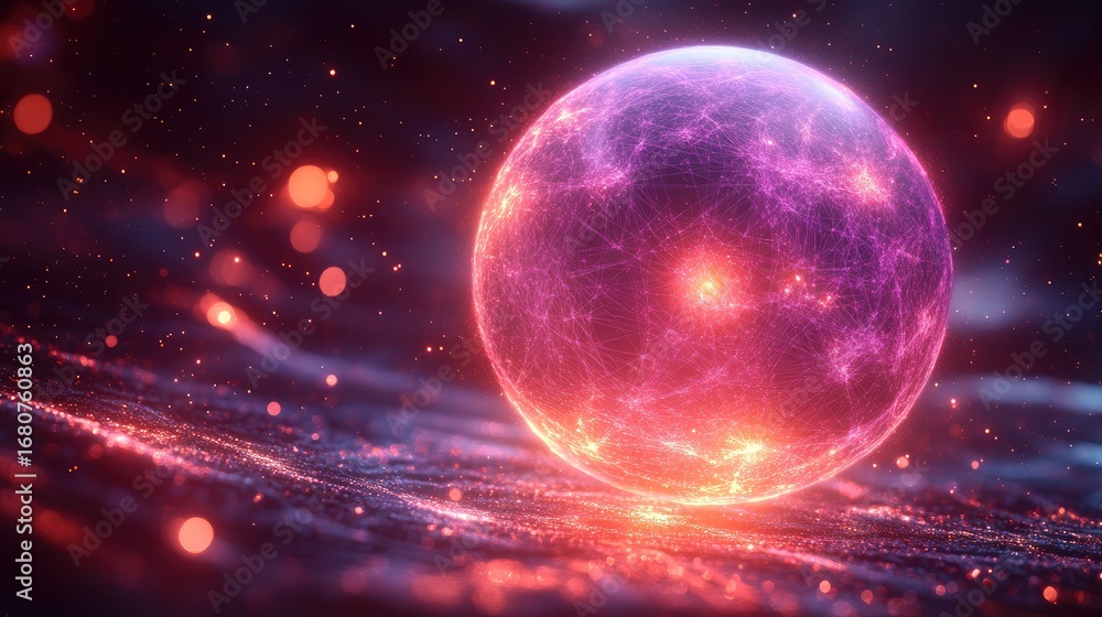 Fototapeta premium Abstract glowing orb, vibrant colors, dark background, space-like environment