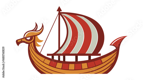 Stylized viking drakkar ship with dragon head and striped sail nautical illustration design ancient norse ship vector