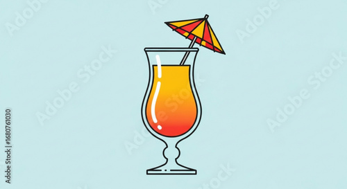 A vibrant cocktail drink with an umbrella, perfect for summer vacation, isolated on light blue background