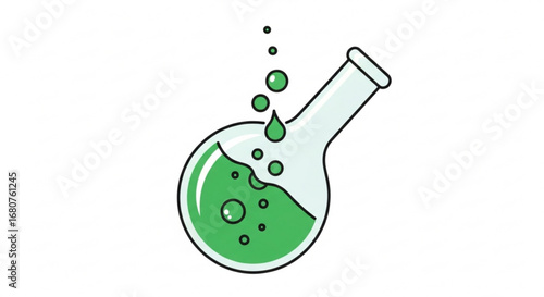 A green liquid in a science flask with bubbles on, a chemistry experiment