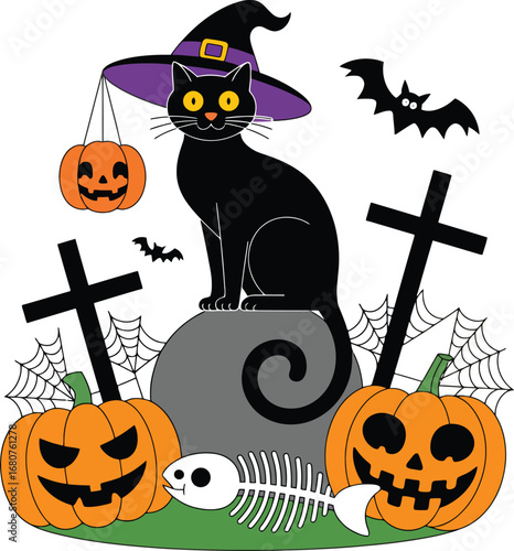 Black cat with witch hat on tombstone with pumpkins and bats