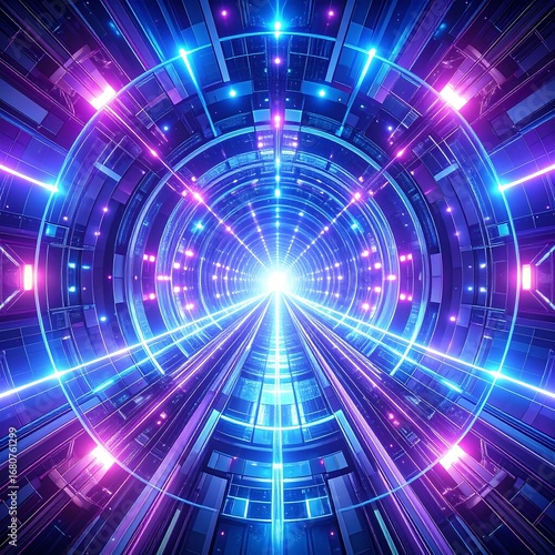 A vibrant, futuristic tunnel, radiating with glowing, vibrant blue and pink neon lights, creates an awe-inspiring and dynamic scene.