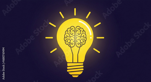 A bright yellow light bulb with a brain inside, symbolizing ideas, innovation, and intelligence on dark blue background