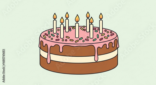 A delightful birthday cake with pink frosting, sprinkles, and lit candles, perfect for a festive celebration and sweet treat