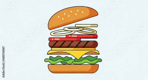 Delicious hamburger illustration with separated layers of ingredients, perfect for fast food menus