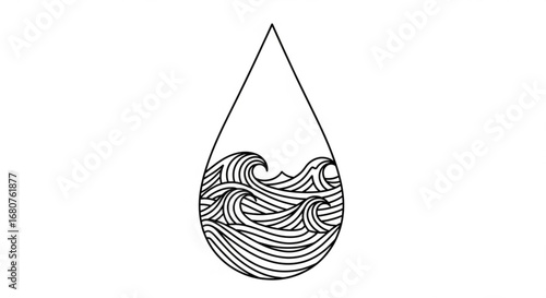 Minimalist water drop with waves inside, a symbol of nature and purity