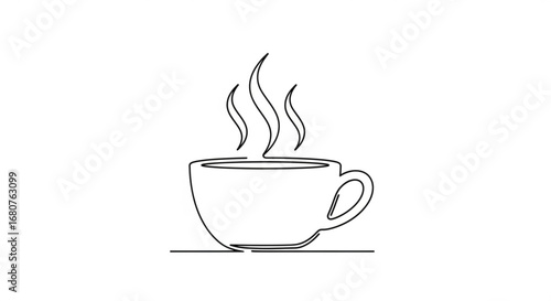 Continuous line drawing of a steaming cup of coffee, perfect for cafe themes