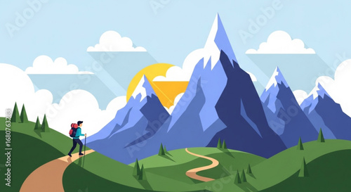 A hiker with backpack walking on a mountain trail, enjoying the beautiful landscape and the sunny weather