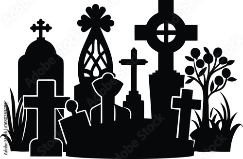 Vector Illustration of Various Gravestones Cemetery Elements for Halloween or Memorial Designs