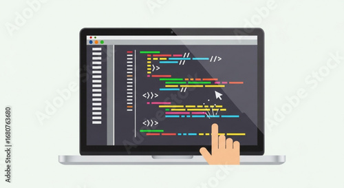 A laptop displaying code with a hand pointing at the screen, representing programming and software development