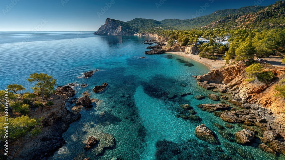 Fototapeta premium A breathtaking coastal vista showcases a vibrant turquoise bay nestled between dramatic cliffs and lush vegetation, bathed in the warm glow of a sunny day.