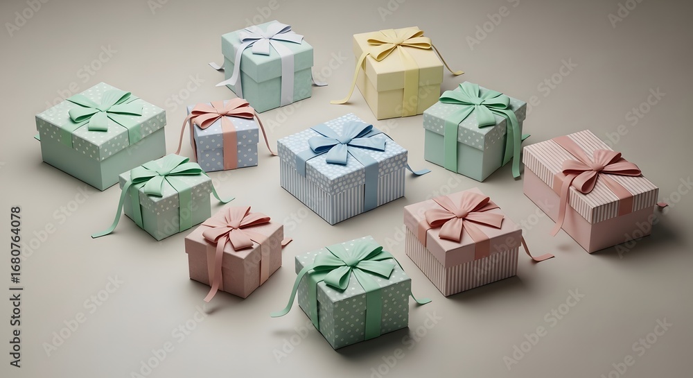 Obraz premium Collection of pastel gift boxes with ribbons on a neutral background