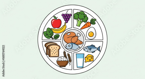 Illustration of a balanced plate with various food groups, promoting healthy eating and nutritional guidelines
