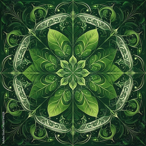A symmetrical design featuring intricate leaf patterns in shades of green, framed by ornate, decorative borders.
