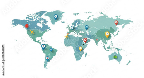 World map with location pins marking different countries and continents