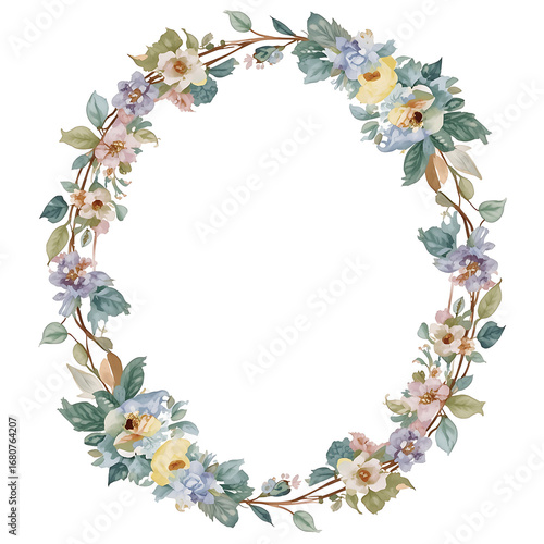 A watercolor floral frame in soft pastel peach and baby blue, with green leaves and vines, forms an oval border with a delicate pink outline on a white background.