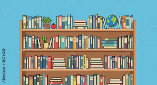 Bookshelf filled with books, globe, plant, and apple, representing education, knowledge, and literature