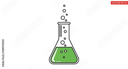 A green liquid in a flask, , representing science, chemistry, and laboratory experiments