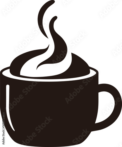 A dark silhouette of a steaming coffee cup with whipped cream isolated on white background isolated on transparent background