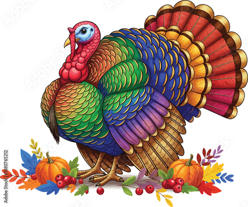 Harvest Bounty Symphony: Vibrant Colored Turkey Vector Illustration With Autumn Foliage - Thanksgiving Feast Dancing With Seasonal Abundance