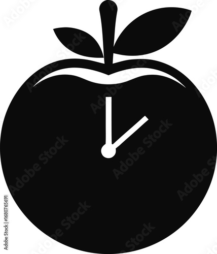 Silhouette of an apple with a clock face and hands representing time or schedule isolated on white background isolated on transparent background