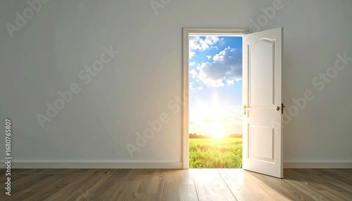 An open door reveals a vibrant landscape at sunrise. Sunlight streams into an empty room