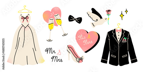 A charming collection of wedding essentials for your special day. Creative festive items celebrate a love story, featuring romantic symbols like a bouquet, wedding rings, and a tiered cake.