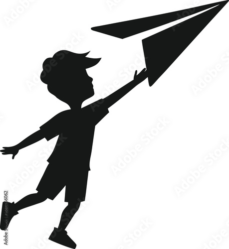 Silhouette of a happy young boy launching a paper airplane with outstretched arm isolated on white background isolated on transparent background
