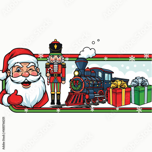 Jolly Santa, nutcracker soldier, and a Christmas train deliver presents.