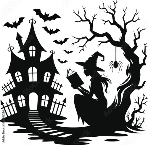 Halloween scene with witch reading a book and haunted house