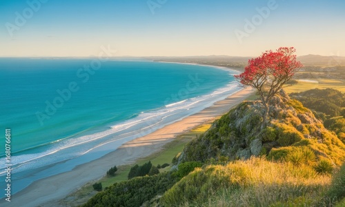 Coastal vista at sunrise.  A dramatic coastal landscape at sunrise.  A solitary vibrant red tree atop a rocky outcrop overlooks a pristine beach and turquoise ocean