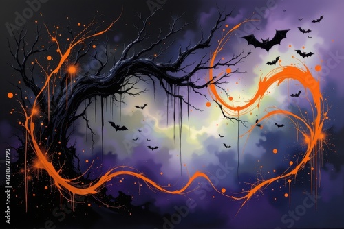 abstract halloween painting with black shards, swirling orange forms, smoky purple gradients, and faint green highlights, frightening energy purely abstract and eerie.