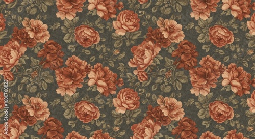 Vintage Floral Pattern: Rustic Roses and Foliage on Dark Background.