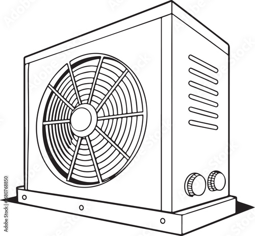 Air conditioner outdoor unit vector illustration, HVAC cooling system fan design, air conditioning condenser box drawing for ventilation and climate control concepts