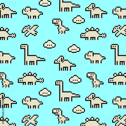 A seamless pattern of cute pixelated dinosaurs. Creative digital assets for modern projects with a nostalgic 8-bit vibe, fora playful and trendy textile or digital background