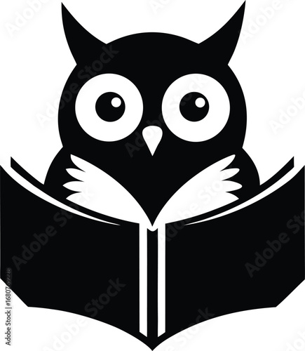 A charming black silhouette of an owl reading an open book isolated on a white background isolated on white background isolated on transparent background