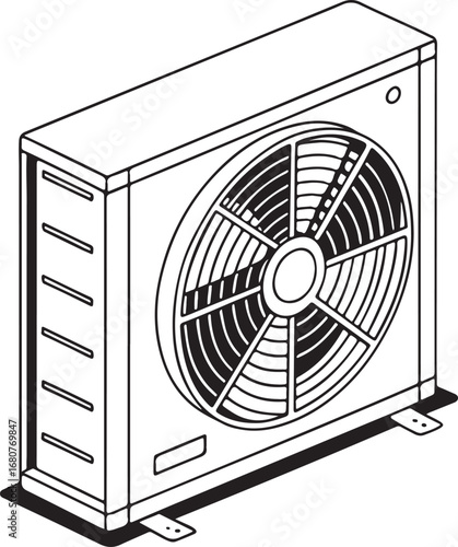 Air conditioner outdoor unit vector illustration, HVAC cooling system fan design, air conditioning condenser box drawing for ventilation and climate control concepts
