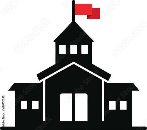 Black silhouette of a school building with a red flag on top isolated on white background isolated on transparent background