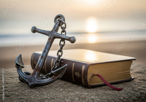 Holy Bible with anchor symbolizing faith and hope

Conceptual Christian image of Bible and anchor at seashore

Scripture with anchor representing stability and salvation
