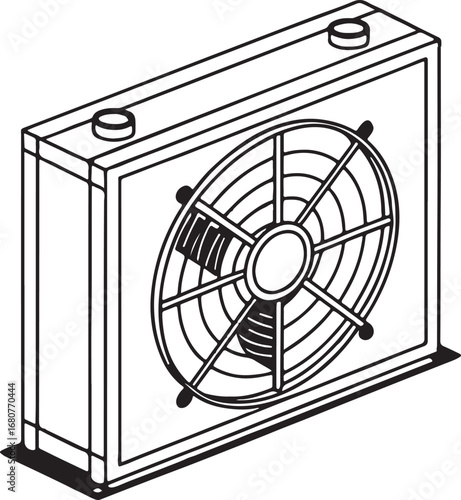 Air conditioner outdoor unit vector illustration, HVAC cooling system fan design, air conditioning condenser box drawing for ventilation and climate control concepts