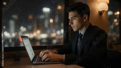 Businessman Working on Laptop in Rainy City Cafe 
빗속 도시 카페에서 노트북으로 일하는 직장인