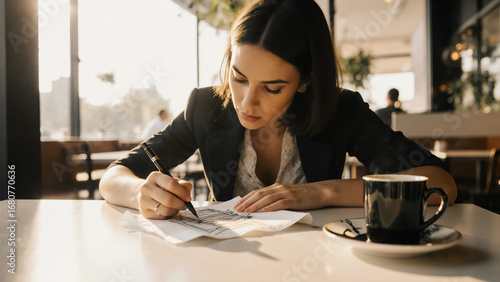 Creative Sketching in Cafe: Woman Drawing on Napkin
카페에서의 창의적 스케치: 냅킨에 그림을 그리는 여성