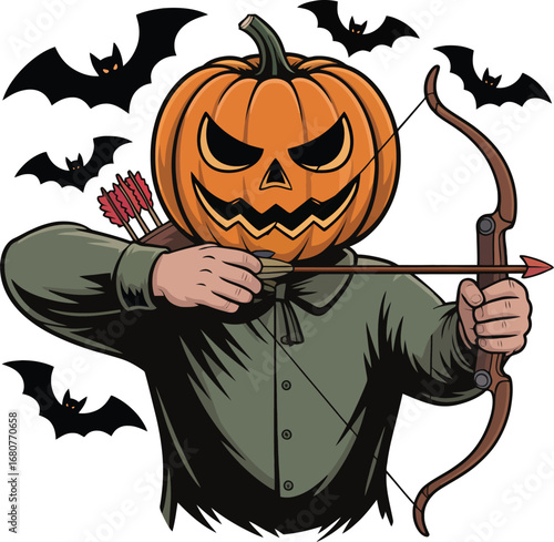 Pumpkin Head Archer with Bow and Bats halloween jackolantern