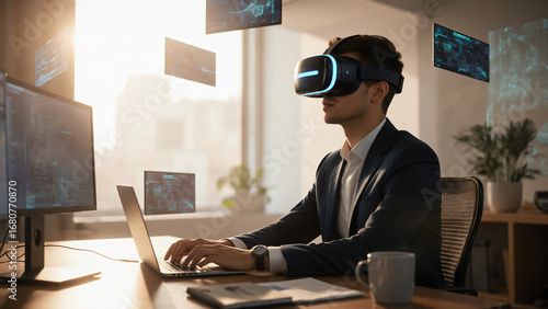 AR Remote Work: Professional with Virtual Screens
AR 원격 근무: 가상 화면과 함께 일하는 직장인