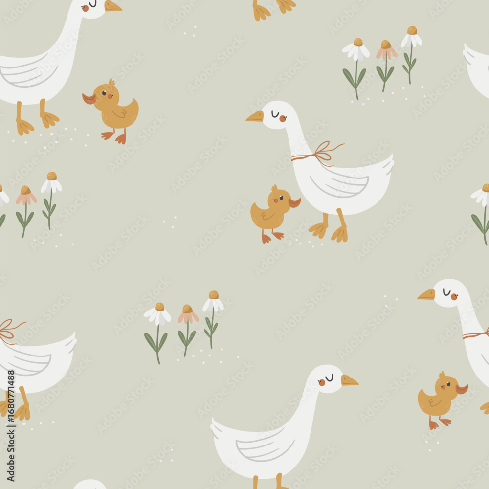 Fototapeta premium Vector seamless pattern with cute geese on a beige background. Seamless for wrapping paper, greeting cards and other. Can be used for wallpaper, textile, packaging.