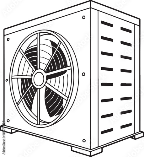 Air conditioner outdoor unit vector illustration, HVAC cooling system fan design, air conditioning condenser box drawing for ventilation and climate control concepts